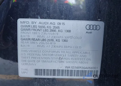 2016 Audi Q5 3.0T Premium Plus из США, поврежденный, VIN WA1D7AFP2GA056351